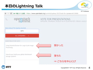 4Copyright©2017 NTT Corp. All Rights Reserved.
NTT Confidential
本日のLightning Talk
受かった
落ちた
⇒ こちらを中心にLT
 