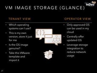 V M I M AG E STO R AG E ( G L A N C E )
21
T E N A N T V I E W O P E R ATO R V I E W
• Which operating
systems can I use?
• This is my own
version, store it just
for me
• Is the OS image
genuine?
• Take this VMware
template and
import it
• Only approved OS
can be used in my
cloud
• Centrally offer
updated OS
• Leverage storage
integration to
reduce network
usage
 