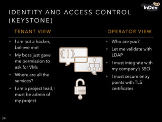 I D E N T I TY A N D ACC E S S CO N T R O L
( K E Y STO N E )
24
T E N A N T V I E W O P E R ATO R V I E W
• I am not a hacker,
believe me!
• My boss just gave
me permission to
ask for VMs
• Where are all the
services?
• I am a project lead, I
must be admin of
my project
• Who are you?
• Let me validate with
LDAP
• I must integrate with
my company’s SSO
• I must secure entry
points with TLS
certiﬁcates
 