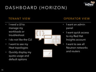 DA S H B OA R D ( H O R I ZO N )
36
T E N A N T V I E W O P E R ATO R V I E W
• I need a UI to
manage my
workloads or
troubleshoot
• I do not like the CLI
• I want to see my
Heat topologies
• Quickly display my
quota usage and
default options
• I want an admin
panel
• I want quick access
to my Red Hat
Insights account
• I want to see all
Neutron networks
and routers
 