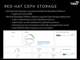 R E D H AT C E P H STO R AG E
• Red Hat Ceph Storage is included with Red Hat OpenStack Platform
• Support for up to 64TB
• Red Hat OpenStack Platform director supports Ceph Storage deployment
• Ceph is default back end for OpenStack services
• Ceph cluster can be installed and updated by director
• Overcloud can be connected to externally managed Ceph cluster
• Ceph RADOS Object Gateway can be enabled
61
 