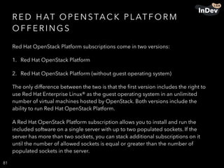 R E D H AT O P E N STAC K P L AT F O R M
O F F E R I N G S
Red Hat OpenStack Platform subscriptions come in two versions:
1. Red Hat OpenStack Platform
2. Red Hat OpenStack Platform (without guest operating system)
The only difference between the two is that the ﬁrst version includes the right to
use Red Hat Enterprise Linux® as the guest operating system in an unlimited
number of virtual machines hosted by OpenStack. Both versions include the
ability to run Red Hat OpenStack Platform.
A Red Hat OpenStack Platform subscription allows you to install and run the
included software on a single server with up to two populated sockets. If the
server has more than two sockets, you can stack additional subscriptions on it
until the number of allowed sockets is equal or greater than the number of
populated sockets in the server.
81
 