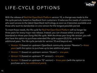 L I F E - CYC L E O P T I O N S
With the release of Red Hat OpenStack Platform version 10, a change was made to the
life-cycle periods, based on feedback from customers. It balances the needs of customers
who want access to the latest OpenStack technology as soon as it becomes available and
those who want to standardize on one version for the longest possible period.
To meet those needs, the life cycle for Red Hat OpenStack Platform will no longer be
three years for every major new release. Instead, you can choose either a one-year
(standard) or three-year (long-life) life cycle. With the three-year long-life version, you will
also have the option to purchase extended life-cycle support (ELS) for up to two
additional years. The life-cycle periods for version 10 and beyond are:
• Version 10 (based on upstream OpenStack community version “Newton”) — three
years (with the option to purchase up to two additional years).
• Version 11 (based on upstream version “Ocata”) — one year.
• Version 12 (based on upstream “P” version) — one year.
• Version 13 (based on upstream “Q” version) — three years (with the option to
purchase up to two additional years).
90
 