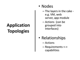 • Nodes

Application
Topologies

– The layers in the cake e.g. VM, web
server, app module
– Actions (can be
grouped into
Interfaces)

• Relationships
– Actions
– Requirements <->
capabilities

 