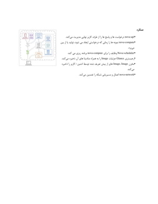 ‫عملکرد‬
•
nova-api
.‫‌کند‬
‫ی‬‫م‬ ‫مدیریت‬ ‫نهایی‬ ‫کاربر‬ ‫طرف‬ ‫از‬ ‫را‬ ‫ها‬ ‫پاسخ‬ ‫و‬ ‫ها‬ ‫درخواست‬
•
nova-compute
‫بین‬ ‫از‬ ‫یا‬ ‫تولید‬ ،‫شود‬ ‫می‬ ‫ایجاد‬ ‫درخواستی‬ ‫که‬ ‫زمانی‬ ‫را‬ ‫ها‬ ‫نمونه‬
.‫‌برد‬
‫ی‬‫م‬
•
Nova-scheduler
‫برای‬ ‫را‬ ‫وظایف‬
nova-compute
.‫کند‬ ‫می‬ ‫ریزی‬ ‫برنامه‬
•
‫رجیستری‬
Glance
‫جزئیات‬
Image
.‫‌کند‬
‫ی‬‫م‬ ‫ذخیره‬ ‫آن‬ ‫های‬ ‫متادیتا‬ ‫همراه‬ ‫به‬ ‫را‬
•
‫مخزن‬
Image، Image
‫ذخیره‬ ‫را‬ ‫کاربر‬ / ‫ادمین‬ ‫توسط‬ ‫شده‬ ‫تعریف‬ ‫پیش‬ ‫از‬ ‫های‬
.‫‌کند‬
‫ی‬‫م‬
•
nova-network
.‫‌کند‬
‫ی‬‫م‬ ‫تضمین‬ ‫را‬ ‫شبکه‬ ‫مسیریابی‬ ‫و‬ ‫اتصال‬
 