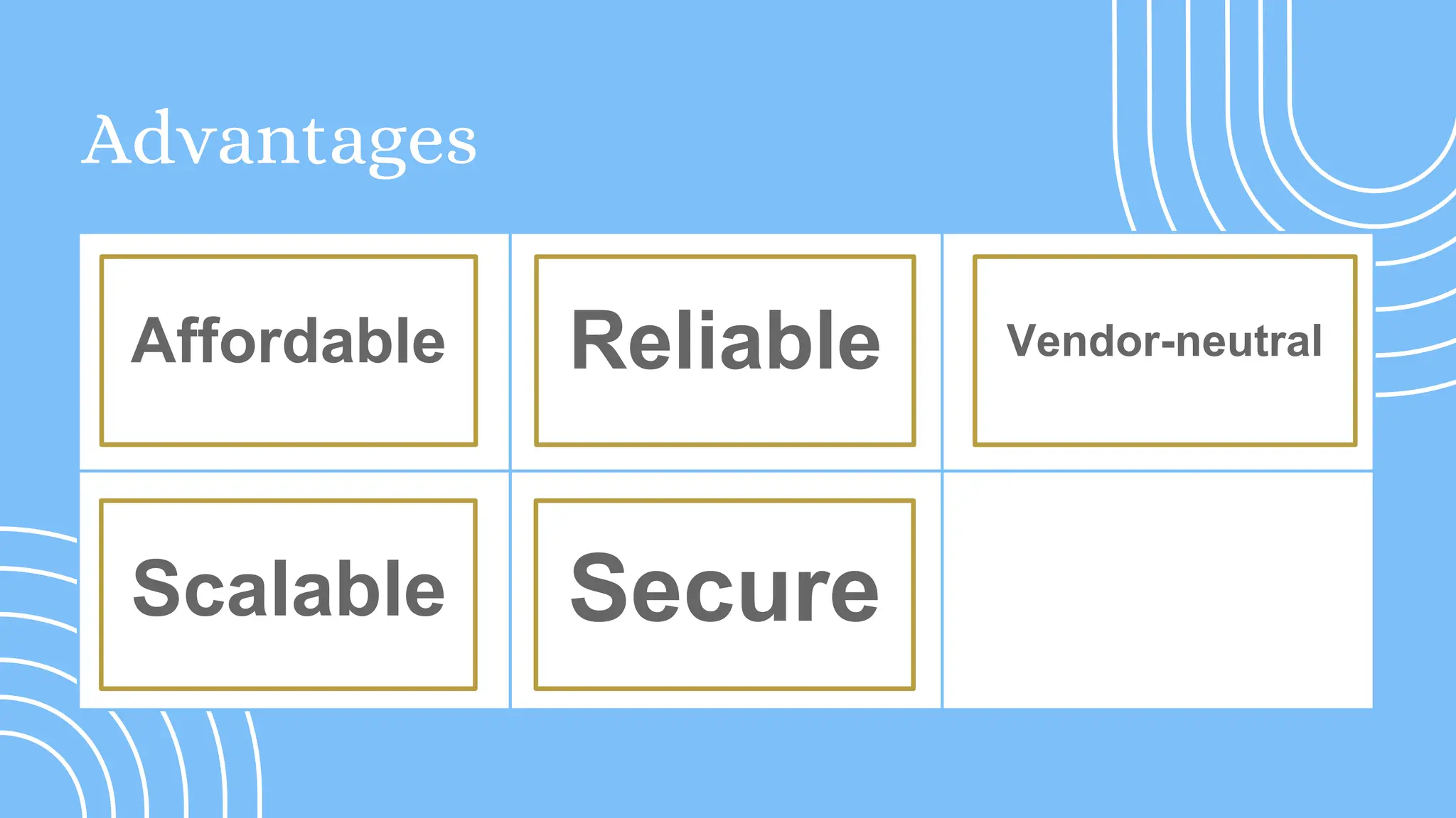 Advantages
Scalable
Affordable Reliable Vendor-neutral
Secure
 