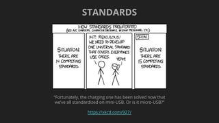 “Fortunately, the charging one has been solved now that
we’ve all standardized on mini-USB. Or is it micro-USB?”
https://xkcd.com/927/
STANDARDS
 