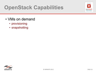 © MIRANTIS 2013 PAGE 10
OpenStack Capabilities
• VMs on demand
• provisioning
• snapshotting
 