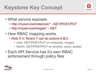 © MIRANTIS 2013 PAGE 72
Keystone Key Concept
• What service exposes
• http://myservice/instances/* - GET/POST/PUT
• http://myservice/images/* - GET
• How RBAC mapping works
• Role X in Tenant Y can do actions A,B,C
• User: GET/POST/PUT on instances, images
• Admin: GET/POST/PUT on tenants, users, quotas
• Each API Service has it’s own RBAC
enforcement through policy files
 