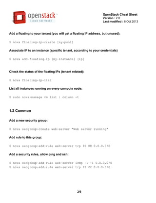 OpenStack Cheat Sheet
Version : 2.0
Last modified : 6 Oct 2013
Add a floating to your tenant (you will get a floating IP a...