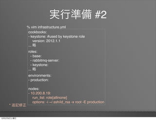 実行準備 #2
              % vim infrastructure.yml
              cookbooks:
              - keystone: #used by keystone role
                  version: 2012.1.1
              ... 略
              roles:
                - base:
                - rabbitmq-server:
                - keystone:
              ... 略
              environments:
              - production:

              nodes:
              - 10.200.8.19:
                 run_list: role[allinone]
                 options: -i ~/.ssh/id_rsa -x root -E production
     * 追記修正


13年2月9日土曜日
 