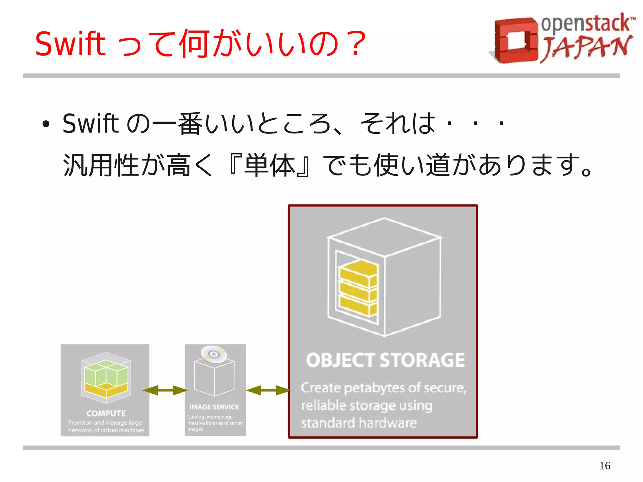 Swift って何がいいの？

●   Swift の一番いいところ、それは・・・
    汎用性が高く『単体』でも使い道があります。




                            16
 