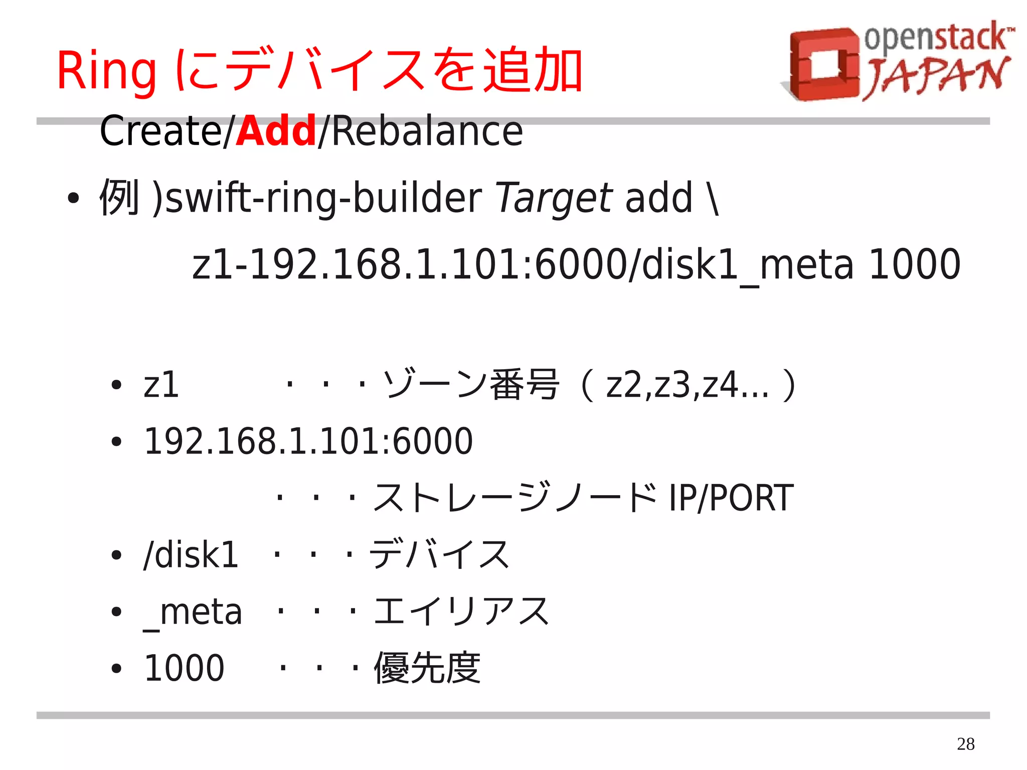 Ring にデバイスを追加
    Create/Add/Rebalance
●   例 )swift-ring-builder Target add 
    　　 z1-192.168.1.101:6000/disk1_meta 1000

    ●   z1 　　・・・ゾーン番号（ z2,z3,z4... ）
    ●   192.168.1.101:6000
        　　　 ・・・ストレージノード IP/PORT
    ●   /disk1 ・・・デバイス
    ●   _meta ・・・エイリアス
    ●   1000   ・・・優先度
                                           28
 