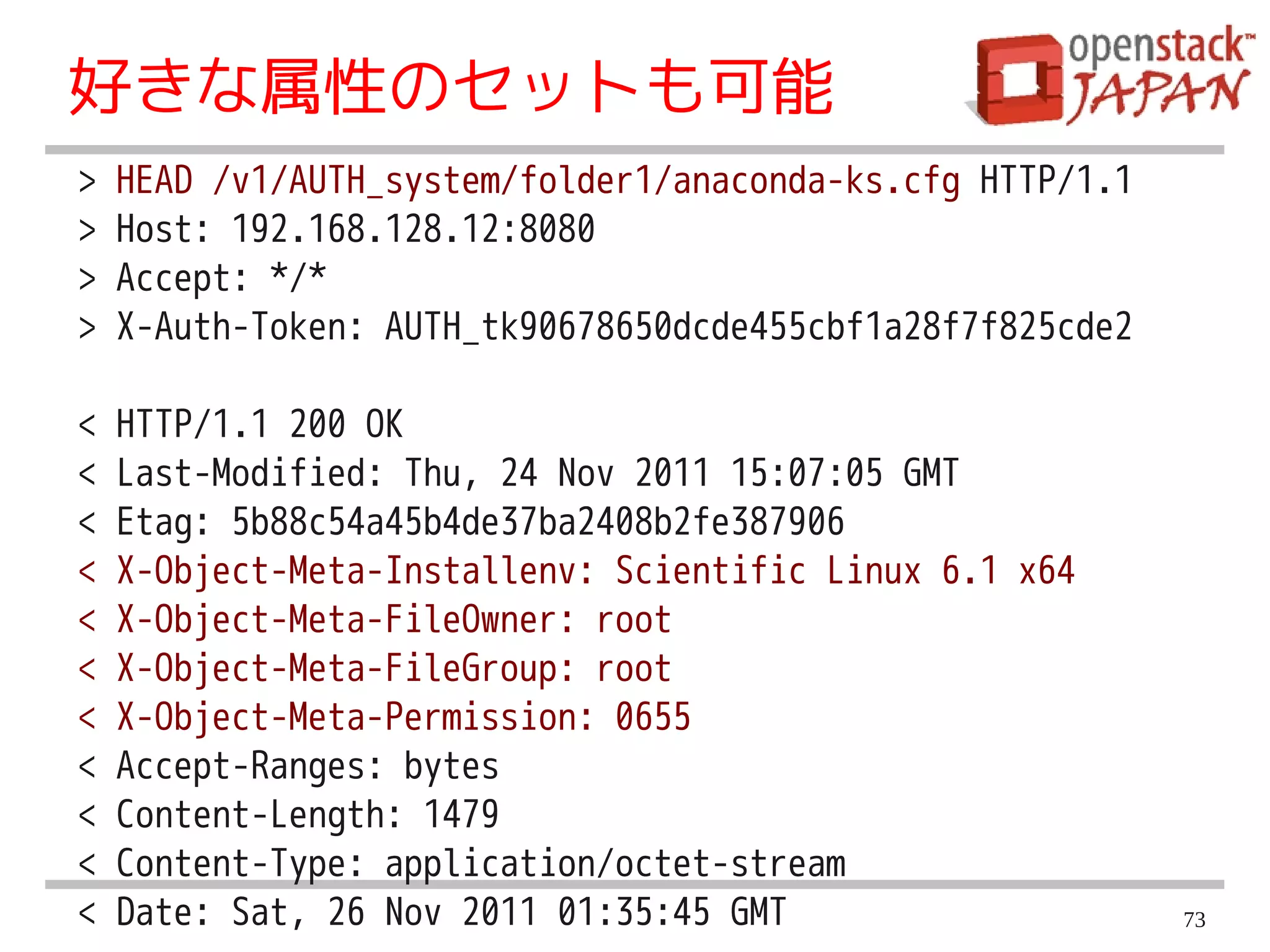 好きな属性のセットも可能
>   HEAD /v1/AUTH_system/folder1/anaconda-ks.cfg HTTP/1.1
>   Host: 192.168.128.12:8080
>   Accept: */*
>   X-Auth-Token: AUTH_tk90678650dcde455cbf1a28f7f825cde2

<   HTTP/1.1 200 OK
<   Last-Modified: Thu, 24 Nov 2011 15:07:05 GMT
<   Etag: 5b88c54a45b4de37ba2408b2fe387906
<   X-Object-Meta-Installenv: Scientific Linux 6.1 x64
<   X-Object-Meta-FileOwner: root
<   X-Object-Meta-FileGroup: root
<   X-Object-Meta-Permission: 0655
<   Accept-Ranges: bytes
<   Content-Length: 1479
<   Content-Type: application/octet-stream
<   Date: Sat, 26 Nov 2011 01:35:45 GMT                     73
 