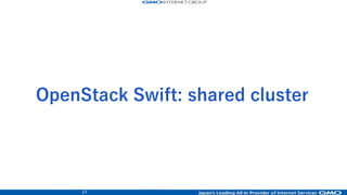 13
Swift Hardware: Object nodes
• Boot: SSD x2
• HDD: 4TB x12
• E3-1230 v3 @ 3.30GHz
• Memory 16GB
• 10GbE x2 (SFP+)
(Intel NIC)
ASUSTeK COMPUTER INC.
RS300-H8-PS12
 
