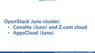 38
OpenStack Juno: 2 service cluster, released
Mikumo ConoHa Mikumo Anzu
Mikumo = 美雲 =
Beautiful cloud
New Juno region released:
10/26/2015
 