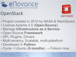 OpenStack
 Project created in 2010 by NASA & RackSpace
 Licence Apache 2.0 (Open-Source)
 Manage Infrastructure as a Service
 Open-Source Framework
 API, Plugins, Drivers
 Multi-tenancy, Scalable, multi-plateform
 Developed in Python
 Cycle = Ubuntu (6 months) → Folsom now.
 