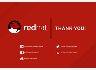 twitter.com/RedHatNews
youtube.com/redhat
facebook.com/redhatinc
THANK YOU!
plus.google.com/+RedHat
linkedin.com/company/red-hat
 