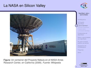 41
OpenStack: retos y
oportunidades
FLOSSystems
El Proyecto
OpenStack
10 ¿Qué es OpenStack?
Principios fundacionales
Proyecto abierto
La Fundación OpenStack
Fundamentos de
OpenStack
Retos y oportunidades
con OpenStack
Por qué no clouds
públicos (privativos)
Arquitectura de
FLOSSystems
Preguntas
Demo
FLOSSystems S.L.,
Madrid, Spain
La NASA en Silicon Valley
Figura: Un container del Proyecto Nebula en el NASA Ames
Research Center, en California (2009). Fuente: Wikipedia
 