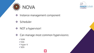  Instance management component
 Scheduler
 NOT a hypervisor!
 Can manage most common hypervisonrs:
KVM
ESXi
Hyper-V
XEN
NOVA
 