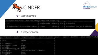  List volumes
 Create volume
CINDER
 