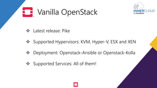  Latest release: Pike
 Supported Hypervisors: KVM, Hyper-V, ESX and XEN
 Deployment: Openstack-Ansible or Openstack-Kolla
 Supported Services: All of them!
Vanilla OpenStack
 