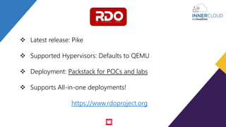  Latest release: Pike
 Supported Hypervisors: Defaults to QEMU
 Deployment: Packstack for POCs and labs
 Supports All-in-one deployments!
https://www.rdoproject.org
 