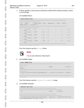  Kilo- Kilo- Kilo- Kilo- Kilo- Kilo- Kilo- Kilo- Kilo- Kilo- Kilo- Kilo- Kilo- Kilo- Kilo- Kil OpenStack Installation Guide for
Ubuntu 14.04
August 27, 2015 kilo
146
1. A flavor specifies a virtual resource allocation profile which includes processor, memo-
ry, and storage.
List available flavors:
$ nova flavor-list
+-----+-----------+-----------+------+-----------+------+-------
+-------------+-----------+
| ID | Name | Memory_MB | Disk | Ephemeral | Swap | VCPUs |
RXTX_Factor | Is_Public |
+-----+-----------+-----------+------+-----------+------+-------
+-------------+-----------+
| 1 | m1.tiny | 512 | 1 | 0 | | 1 | 1.0
| True |
| 2 | m1.small | 2048 | 20 | 0 | | 1 | 1.0
| True |
| 3 | m1.medium | 4096 | 40 | 0 | | 2 | 1.0
| True |
| 4 | m1.large | 8192 | 80 | 0 | | 4 | 1.0
| True |
| 5 | m1.xlarge | 16384 | 160 | 0 | | 8 | 1.0
| True |
+-----+-----------+-----------+------+-----------+------+-------
+-------------+-----------+
Your first instance uses the m1.tiny flavor.
Note
You can also reference a flavor by ID.
2. List available images:
$ nova image-list
+--------------------------------------+---------------------+--------
+--------+
| ID | Name | Status |
Server |
+--------------------------------------+---------------------+--------
+--------+
| acafc7c0-40aa-4026-9673-b879898e1fc2 | cirros-0.3.4-x86_64 | ACTIVE |
|
+--------------------------------------+---------------------+--------
+--------+
Your first instance uses the cirros-0.3.4-x86_64 image.
3. List available networks:
$ neutron net-list
+--------------------------------------+----------
+-------------------------------------------------------+
| id | name | subnets
|
+--------------------------------------+----------
+-------------------------------------------------------+
| 3c612b5a-d1db-498a-babb-a4c50e344cb1 | demo-net | 20bcd3fd-5785-41fe-
ac42-55ff884e3180 192.168.1.0/24 |
 
