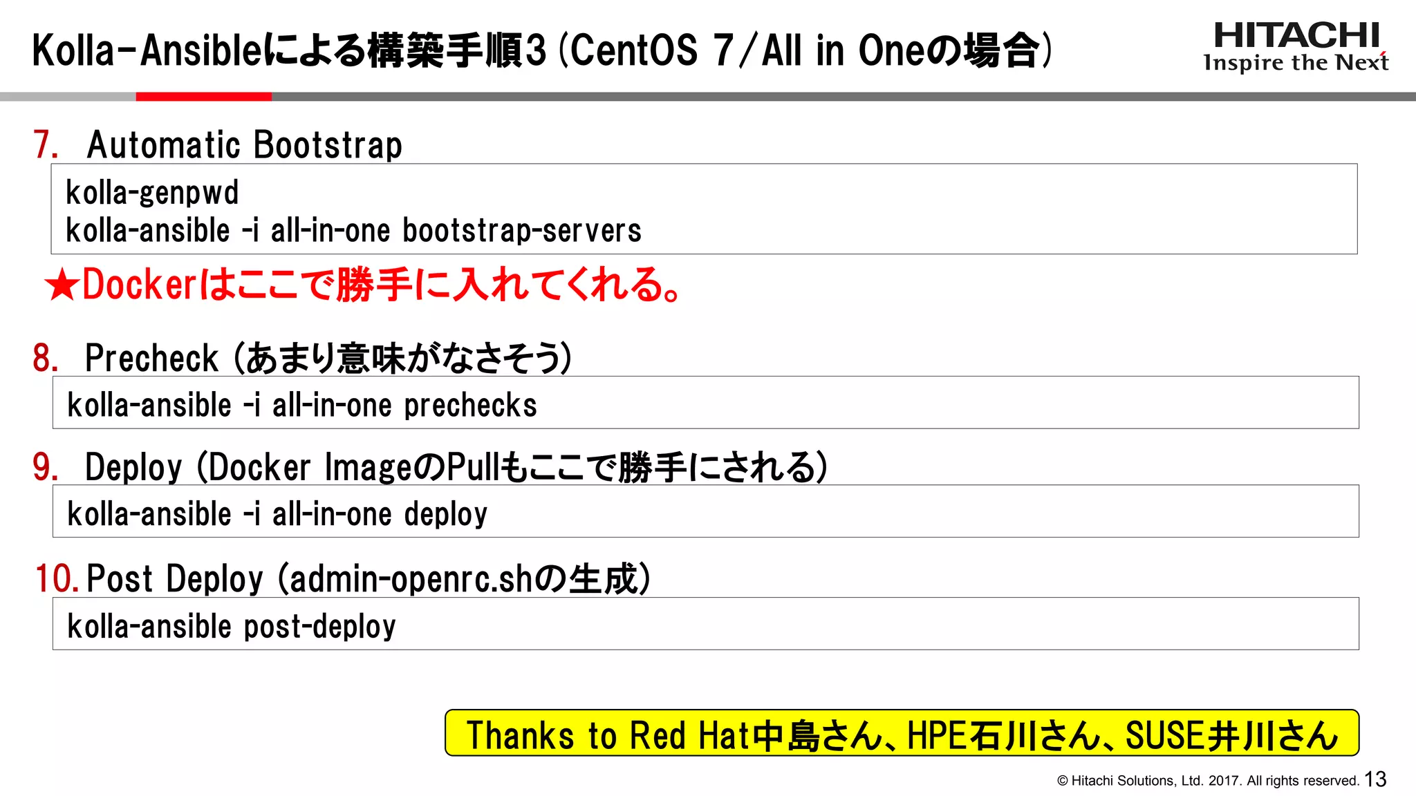 13© Hitachi Solutions, Ltd. 2017. All rights reserved.
kolla-ansible -i all-in-one deploy
Kolla-Ansibleによる構築手順3(CentOS 7/All in Oneの場合)
9. Deploy (Docker ImageのPullもここで勝手にされる)
10. Post Deploy (admin-openrc.shの生成)
kolla-ansible post-deploy
8. Precheck (あまり意味がなさそう)
kolla-ansible -i all-in-one prechecks
7. Automatic Bootstrap
kolla-genpwd
kolla-ansible -i all-in-one bootstrap-servers
★Dockerはここで勝手に入れてくれる。
Thanks to Red Hat中島さん、HPE石川さん、SUSE井川さん
 