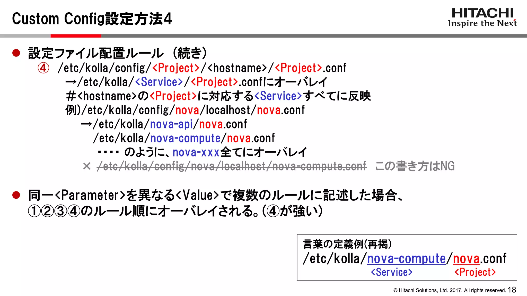 18© Hitachi Solutions, Ltd. 2017. All rights reserved.
Custom Config設定方法4
 設定ファイル配置ルール (続き)
④ /etc/kolla/config/<Project>/<hostname>/<Project>.conf
→/etc/kolla/<Service>/<Project>.confにオーバレイ
＃<hostname>の<Project>に対応する<Service>すべてに反映
例)/etc/kolla/config/nova/localhost/nova.conf
→/etc/kolla/nova-api/nova.conf
/etc/kolla/nova-compute/nova.conf
・・・・ のように、nova-xxx全てにオーバレイ
× /etc/kolla/config/nova/localhost/nova-compute.conf この書き方はNG
 同一<Parameter>を異なる<Value>で複数のルールに記述した場合、
①②③④のルール順にオーバレイされる。(④が強い)
言葉の定義例(再掲)
/etc/kolla/nova-compute/nova.conf
<Service> <Project>
 