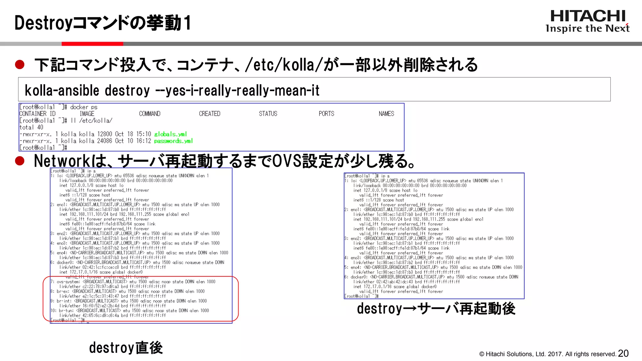 20© Hitachi Solutions, Ltd. 2017. All rights reserved.
Destroyコマンドの挙動1
 下記コマンド投入で、コンテナ、/etc/kolla/が一部以外削除される
 Networkは、サーバ再起動するまでOVS設定が少し残る。
kolla-ansible destroy --yes-i-really-really-mean-it
destroy直後
destroy→サーバ再起動後
 