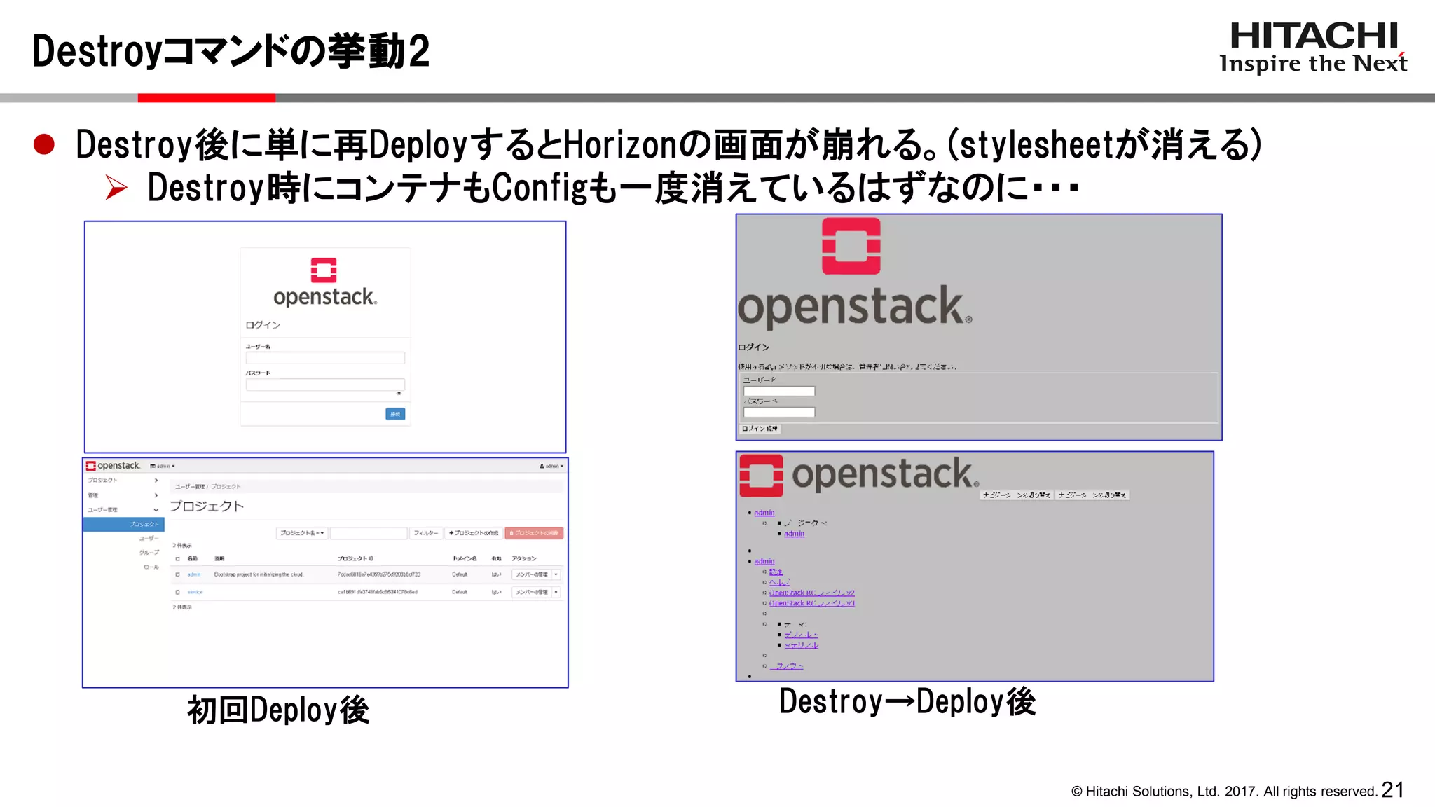 21© Hitachi Solutions, Ltd. 2017. All rights reserved.
Destroyコマンドの挙動2
 Destroy後に単に再DeployするとHorizonの画面が崩れる。(stylesheetが消える)
 Destroy時にコンテナもConfigも一度消えているはずなのに・・・
初回Deploy後 Destroy→Deploy後
 