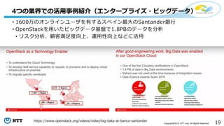 19Copyright©2016 NTT corp. All Rights Reserved.
• 1600万のオンラインユーザを有するスペイン最大のSantander銀行
• OpenStackを用いたビッグデータ基盤で1.8PBのデータを分析
• リスク分析、顧客満足度向上、運用性向上などに活用
4つの業界での活用事例紹介（エンタープライズ・ビッグデータ）
https://www.openstack.org/videos/video/big-data-at-banco-santander
 