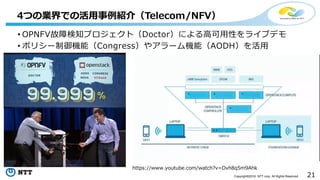 21Copyright©2016 NTT corp. All Rights Reserved.
• OPNFV故障検知プロジェクト（Doctor）による高可用性をライブデモ
• ポリシー制御機能（Congress）やアラーム機能（AODH）を活用
4つの業界での活用事例紹介（Telecom/NFV）
https://www.youtube.com/watch?v=Dvh8q5m9Ahk
 