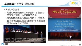 23Copyright©2016 NTT corp. All Rights Reserved.
• Multi-Cloud
• 共通のOpenStack APIを用いて複数の
クラウドを統一して管理できる
• 相互接続に求められるAPIセットを定義
• 16社が共通のAnsibleを用いて仮想環境
デプロイをライブデモ
基調講演トピック（二日目）
コミュニティの開発環境はMulti-Cloudで運用
Ubuntu, Cisco, Dreamhost, OpenTelekomCloud, Fujitsu,
HPE, Huawei, IBM, Linaro, Mirantis, Intel, OVH, Rackspace,
RedHat, Suse, VMWare
 