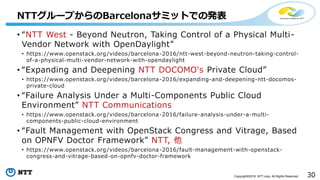 30Copyright©2016 NTT corp. All Rights Reserved.
• “NTT West - Beyond Neutron, Taking Control of a Physical Multi-
Vendor Network with OpenDaylight”
• https://www.openstack.org/videos/barcelona-2016/ntt-west-beyond-neutron-taking-control-
of-a-physical-multi-vendor-network-with-opendaylight
• “Expanding and Deepening NTT DOCOMO's Private Cloud”
• https://www.openstack.org/videos/barcelona-2016/expanding-and-deepening-ntt-docomos-
private-cloud
• “Failure Analysis Under a Multi-Components Public Cloud
Environment” NTT Communications
• https://www.openstack.org/videos/barcelona-2016/failure-analysis-under-a-multi-
components-public-cloud-environment
• “Fault Management with OpenStack Congress and Vitrage, Based
on OPNFV Doctor Framework” NTT, 他
• https://www.openstack.org/videos/barcelona-2016/fault-management-with-openstack-
congress-and-vitrage-based-on-opnfv-doctor-framework
NTTグループからのBarcelonaサミットでの発表
 