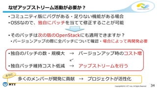 34Copyright©2016 NTT corp. All Rights Reserved.
• コミュニティ版にバグがある・足りない機能がある場合
• OSSなので、独自にパッチを当てて修正することが可能
• そのパッチは次の版のOpenStackにも適用できますか？
• バージョンアップの際に全パッチについて確認・場合によって再開発必要
• 独自のパッチの数・規模大 → バージョンアップ時のコスト増
• 独自パッチ維持コスト低減 → アップストリームを行う
なぜアップストリーム活動が必要か？
多くのメンバーが開発に貢献 → プロジェクトが活性化
 