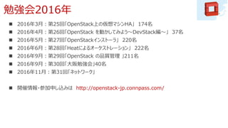 勉強会2016年
 2016年3月：第25回「OpenStack上の仮想マシンHA」 174名
 2016年4月：第26回「OpenStack を動かしてみよう〜DevStack編〜」 37名
 2016年5月：第27回「OpenStackインストーラ」 220名
 2016年6月：第28回「Heatによるオーケストレーション」 222名
 2016年9月：第29回「OpenStack の品質管理 」211名
 2016年9月：第30回「大阪勉強会」40名
 2016年11月：第31回「ネットワーク」
 開催情報・参加申し込みは http://openstack-jp.connpass.com/
 