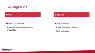 24
Live Migration
Fixes Features
• Better CI coverage
• Make all disks configurations
moveable
• Status updates
• Force Complete / Cancel
• Split Networks
 