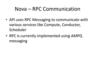 Nova – RPC Communication
• API uses RPC Messaging to communicate with
various services like Compute, Conductor,
Scheduler
• RPC is currently implemented using AMPQ
messaging
 