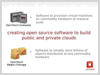 Software to provision virtual machines
                       on commodity hardware at massive
                       scale
OpenStack C o m pute


 creating open source software to build
        public and private clouds

                       Software to reliably store billions of
                       objects distributed across commodity
                       hardware
   OpenStack
O bjec t S to ra g e
 