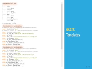 ~/devstack/accrc$ tree
.
|----- admin
| |---- admin
|----- alt_demo
| |---- admin
| |---- alt_demo
|----- demo
| |---- admin
| |---- demo
|----- invisible_to_admin
|---- demo
4 directories, 6 files
~/devstack/accrc$ cat demo/demo
# OpenStack USER ID = 54c88e67b1204721b39d1b1e7a0c3fae
export OS_USERNAME="demo"
# OpenStack project ID = 00d1fbc04a524371b76507c3c4fe8bb1
export OS_PROJECT_NAME="demo"
export OS_AUTH_URL="http://192.168.56.70/identity"
export OS_CACERT=""
export NOVA_CERT="/opt/stack/devstack/accrc/cacert.pem"
export OS_PASSWORD="12345"
export OS_USER_DOMAIN_ID=default
unset OS_USER_DOMAIN_NAME
export OS_PROJECT_DOMAIN_ID=default
unset OS_PROJECT_DOMAIN_NAME
~/devstack/accrc$ cat demo/admin
# OpenStack USER ID = 7b425ff57f4641c4a24a728498e4bb6b
export OS_USERNAME="admin"
# OpenStack project ID = 00d1fbc04a524371b76507c3c4fe8bb1
export OS_PROJECT_NAME="demo"
export OS_AUTH_URL="http://192.168.56.70/identity"
export OS_CACERT=""
export NOVA_CERT="/opt/stack/devstack/accrc/cacert.pem"
export OS_PASSWORD="12345"
export OS_USER_DOMAIN_ID=default
unset OS_USER_DOMAIN_NAME
export OS_PROJECT_DOMAIN_ID=default
unset OS_PROJECT_DOMAIN_NAME
t k@ 64 /d t k/ $ 36 / 40
accrc
Templates
 