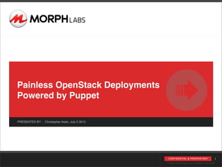 Painless OpenStack Deployments
Powered by Puppet

PRESENTED BY : Christopher Aedo, July 5 2012




                                               C O N F I D E N T I A L & P R O P R I E TA R Y   1
                                               © 2012 Morphlabs Inc. All Rights Reserved
 