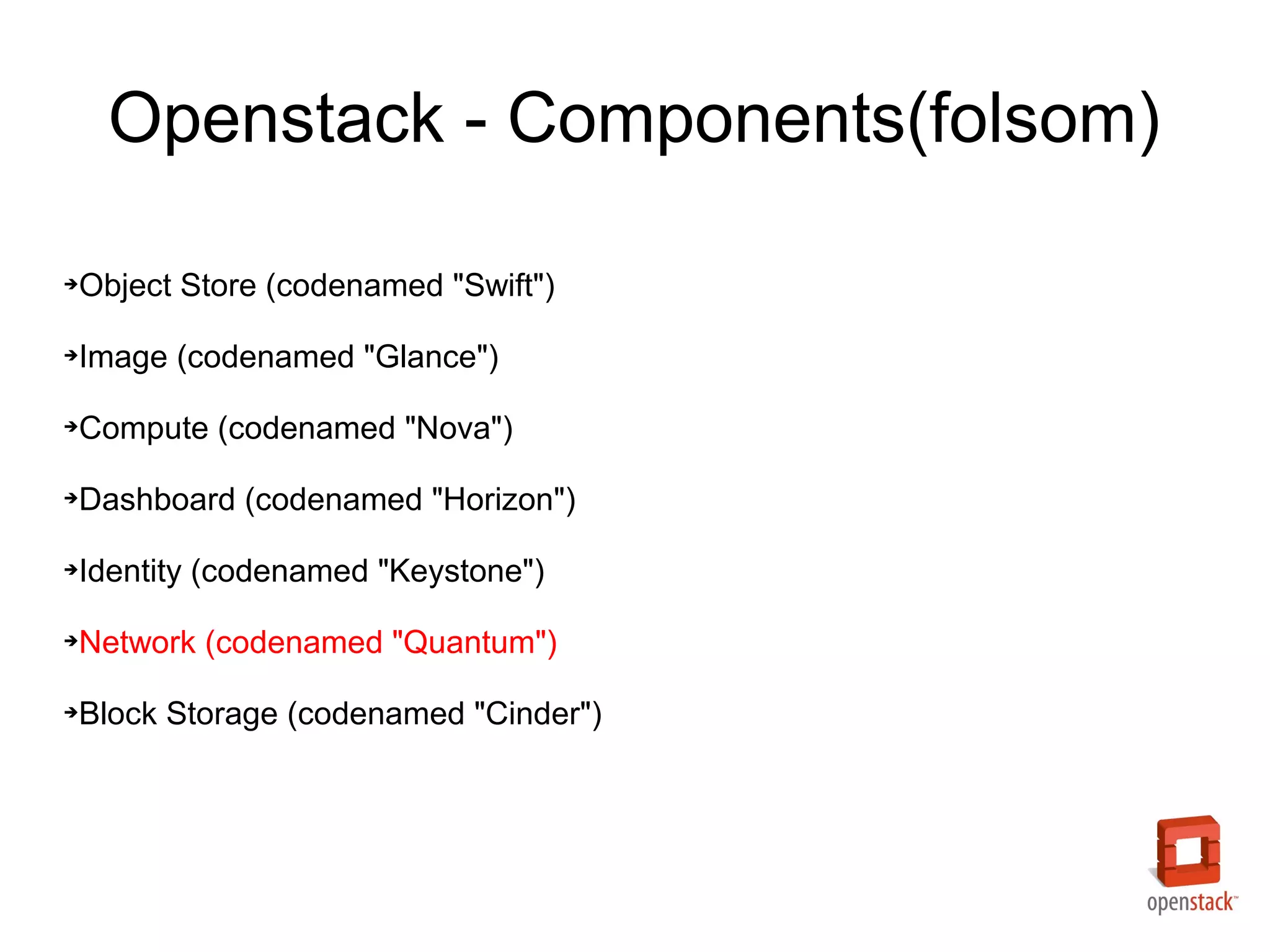 Openstack - Components(folsom)

Object Store (codenamed "Swift")
➔




Image (codenamed "Glance")
➔




Compute (codenamed "Nova")
➔




Dashboard (codenamed "Horizon")
➔




Identity (codenamed "Keystone")
➔




Network (codenamed "Quantum")
➔




Block Storage (codenamed "Cinder")
➔
 