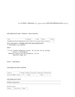 ‫اجرای‬ ‫برای‬
Rally BenchMarking Tasks
‫برای‬ ‫را‬ ‫محیطی‬ ‫متغیرهای‬ ،
Openstack
‫به‬
Rally
.‫کنید‬ ‫اضافه‬
rally deployment create --fromenv --name=mycloud
+--------------------------------------+---------------------+----------+------------------+--------+
| uuid | created_at | name | status | active |
+--------------------------------------+---------------------+----------+------------------+--------+
| 9320b988-ad3b-4318-b683-80a28326a718 | 2021-10-29T01:13:25 | mycloud | deploy->finished | |
+--------------------------------------+---------------------+----------+------------------+--------+
Using deployment: 9320b988-ad3b-4318-b683-80a28326a718
~/.rally/openrc was updated
HINTS:
* To use standard OpenStack clients, set up your env by running:
source ~/.rally/openrc
OpenStack clients are now configured, e.g run:
openstack image list
source ~/.rally/openrc
rally deployment show mycloud
+--------------------------+----------+----------+-------------+-------------+---------------+
| auth_url | username | password | tenant_name | region_name | endpoint_type |
+--------------------------+----------+----------+-------------+-------------+---------------+
| http://ip:5000/v3 | admin | *** | admin | | None |
+--------------------------+----------+----------+-------------+-------------+---------------+
rally deployment check
--------------------------------------------------------------------------------
Platform openstack:
--------------------------------------------------------------------------------
Available services:
+-------------+----------------+-----------+
| Service | Service Type | Status |
+-------------+----------------+-----------+
 