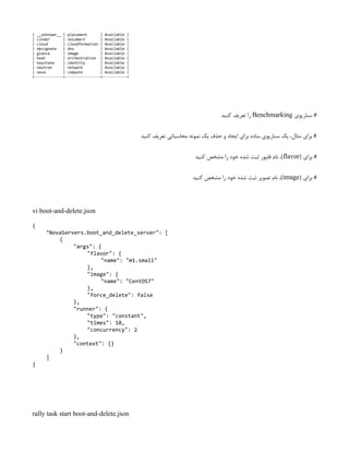 | __unknown__ | placement | Available |
| cinder | volumev3 | Available |
| cloud | cloudformation | Available |
| designate | dns | Available |
| glance | image | Available |
| heat | orchestration | Available |
| keystone | identity | Available |
| neutron | network | Available |
| nova | compute | Available |
+-------------+----------------+-----------+
‫سناریوی‬ #
Benchmarking
‫کنید‬ ‫تعریف‬ ‫را‬
‫کنید‬ ‫تعریف‬ ‫محاسباتی‬ ‫نمونه‬ ‫یک‬ ‫حذف‬ ‫و‬ ‫ایجاد‬ ‫برای‬ ‫ساده‬ ‫سناریوی‬ ‫یک‬ ،‫مثال‬ ‫برای‬ #
[ ‫برای‬ #
flavor
‫کنید‬ ‫مشخص‬ ‫را‬ ‫خود‬ ‫شده‬ ‫ثبت‬ ‫فلیور‬ ‫نام‬ ،]
[ ‫برای‬ #
image
‫کنید‬ ‫مشخص‬ ‫را‬ ‫خود‬ ‫شده‬ ‫ثبت‬ ‫تصویر‬ ‫نام‬ ،]
vi boot-and-delete.json
{
"NovaServers.boot_and_delete_server": [
{
"args": {
"flavor": {
"name": "m1.small"
},
"image": {
"name": "CentOS7"
},
"force_delete": false
},
"runner": {
"type": "constant",
"times": 10,
"concurrency": 2
},
"context": {}
}
]
}
rally task start boot-and-delete.json
 