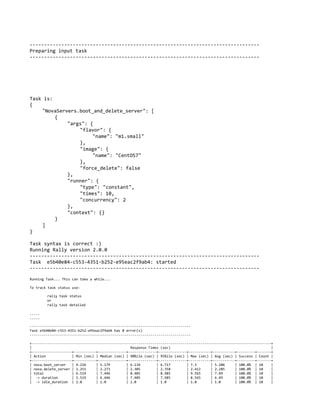 --------------------------------------------------------------------------------
Preparing input task
--------------------------------------------------------------------------------
Task is:
{
"NovaServers.boot_and_delete_server": [
{
"args": {
"flavor": {
"name": "m1.small"
},
"image": {
"name": "CentOS7"
},
"force_delete": false
},
"runner": {
"type": "constant",
"times": 10,
"concurrency": 2
},
"context": {}
}
]
}
Task syntax is correct :)
Running Rally version 2.0.0
--------------------------------------------------------------------------------
Task e5b40e84-c553-4351-b252-e95eac2f9ab4: started
--------------------------------------------------------------------------------
Running Task... This can take a while...
To track task status use:
rally task status
or
rally task detailed
.....
.....
--------------------------------------------------------------------------------
Task e5b40e84-c553-4351-b252-e95eac2f9ab4 has 0 error(s)
--------------------------------------------------------------------------------
+-----------------------------------------------------------------------------------------------------------------------+
| Response Times (sec) |
+--------------------+-----------+--------------+--------------+--------------+-----------+-----------+---------+-------+
| Action | Min (sec) | Median (sec) | 90%ile (sec) | 95%ile (sec) | Max (sec) | Avg (sec) | Success | Count |
+--------------------+-----------+--------------+--------------+--------------+-----------+-----------+---------+-------+
| nova.boot_server | 4.226 | 5.179 | 6.134 | 6.717 | 7.3 | 5.206 | 100.0% | 10 |
| nova.delete_server | 2.251 | 2.273 | 2.305 | 2.358 | 2.412 | 2.285 | 100.0% | 10 |
| total | 6.519 | 7.446 | 8.405 | 8.985 | 9.565 | 7.49 | 100.0% | 10 |
| -> duration | 5.519 | 6.446 | 7.405 | 7.985 | 8.565 | 6.49 | 100.0% | 10 |
| -> idle_duration | 1.0 | 1.0 | 1.0 | 1.0 | 1.0 | 1.0 | 100.0% | 10 |
 