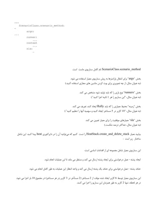 ---
ScenarioClass.scenario_method:
-
args:
...
runner:
...
context
...
sla:
…
ScenarioClass.scenario_method
.‫است‬ ‫ماست‬ ‫سناریوی‬ ‫کامل‬ ‫نام‬
" ‫بخش‬
args
.‫شود‬ ‫می‬ ‫استفاده‬ ‫معیار‬ ‫سناریوی‬ ‫روش‬ ‫به‬ ‫پارامترها‬ ‫انتقال‬ ‫برای‬ "
).‫کنید‬ ‫استفاده‬ ‫مجازی‬ ‫های‬ ‫ماشین‬ ‫کردن‬ ‫بوت‬ ‫برای‬ ‫تصویری‬ ‫چه‬ ‫از‬ ،‫مثال‬ ‫عنوان‬ ‫(به‬
" ‫بخش‬
runners
.‫کند‬ ‫می‬ ‫مشخص‬ ‫شود‬ ‫تولید‬ ‫باید‬ ‫که‬ ‫را‬ ‫باری‬ ‫نوع‬ "
‫هر‬ ‫را‬ ‫سناریو‬ ‫"این‬ ،‫مثال‬ ‫عنوان‬ ‫(به‬
1
)."‫کنید‬ ‫اجرا‬ ‫ثانیه‬
‫باید‬ ‫که‬ ‫را‬ ‫معیاری‬ ‫محیط‬ "‫"زمینه‬ ‫بخش‬
Rally
.‫کند‬ ‫می‬ ‫تعریف‬ ،‫کند‬ ‫ایجاد‬
" ،‫مثال‬ ‫عنوان‬ ‫(به‬
10
‫در‬ ‫کاربر‬
5
)."‫کنید‬ ‫تنظیم‬ ‫را‬ ‫آنها‬ ‫سهمیه‬ ‫و‬ ‫کنید‬ ‫ایجاد‬ ‫مستاجر‬
" ‫بخش‬
sla
.‫کند‬ ‫می‬ ‫تعیین‬ ‫معیار‬ ‫برای‬ ‫را‬ ‫موفقیت‬ ‫معیارهای‬ "
).‫شکست‬ ‫درصد‬ ‫حداکثر‬ ،‫مثال‬ ‫عنوان‬ ‫(به‬
‫معیار‬ ‫بیایید‬
HeatStack.create_and_delete_stack
‫دایرکتوری‬ ‫در‬ ‫را‬ ‫آن‬ ‫‌توانید‬
‫ی‬‫م‬ ‫که‬ ‫کنیم‬ ‫تست‬ ‫را‬
heat
‫شامل‬ ‫این‬ .‫کنید‬ ‫پیدا‬
: ‫است‬ ‫زیر‬ ‫ساختار‬
:‫است‬ ‫اساسی‬ ‫اقدامات‬ ‫از‬ ‫ای‬ ‫مجموعه‬ ‫شامل‬ ‫معیار‬ ‫سناریوی‬ ‫این‬
.‫شود‬ ‫انجام‬ ‫عملیات‬ ‫این‬ ‫تا‬ ‫ماند‬ ‫می‬ ‫منتظر‬ ‫و‬ ‫کند‬ ‫می‬ ‫ارسال‬ ‫پشته‬ ‫ایجاد‬ ‫برای‬ ‫درخواستی‬ ‫عمل‬ - ‫پشته‬ ‫ایجاد‬
.‫شود‬ ‫می‬ ‫انجام‬ ‫کامل‬ ‫طور‬ ‫به‬ ‫عملیات‬ ‫این‬ ‫انتظار‬ ‫واحد‬ ‫و‬ ‫کند‬ ‫می‬ ‫ارسال‬ ‫پشته‬ ‫یک‬ ‫حذف‬ ‫برای‬ ‫درخواستی‬ ‫عمل‬ - ‫پشته‬ ‫حذف‬
‫توسط‬ ‫معیار‬ ‫سناریوی‬ ‫این‬
6
‫از‬ ‫موقت‬ ‫شده‬ ‫ایجاد‬ ‫کاربر‬
2
( ‫مستاجر‬
2
‫در‬ ‫مستأجر‬
3
‫مجموع‬ ‫در‬ )‫مستاجر‬ ‫هر‬ ‫کاربر_در‬
10
.‫شود‬ ‫می‬ ‫اجرا‬ ‫بار‬
‫تنها‬ ،‫لحظه‬ ‫هر‬ ‫در‬
2
.‫کنند‬ ‫می‬ ‫اجرا‬ ‫را‬ ‫سناریو‬ ‫این‬ ‫همزمان‬ ‫طور‬ ‫به‬ ‫کاربر‬
 