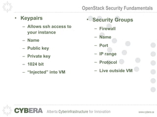 OpenStack Security Fundamentals Keypairs Allows ssh access to your instance Name Public key Private key 1024 bit “ Injected” into VM Security Groups Firewall Name Port IP range Protocol Live outside VM 