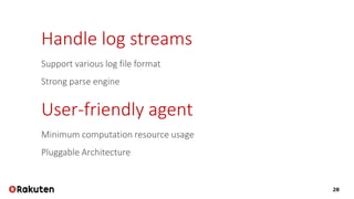 28
Handle log streams
Support various log file format
Strong parse engine
User-friendly agent
Minimum computation resource usage
Pluggable Architecture
 